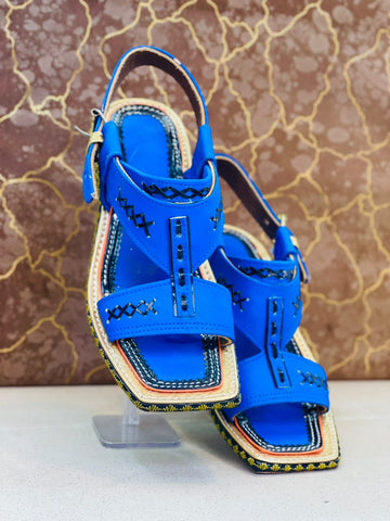 Premium Royal Blue Khooti Chappal – Handcrafted Leather Kheri with Cross-Stitch Design