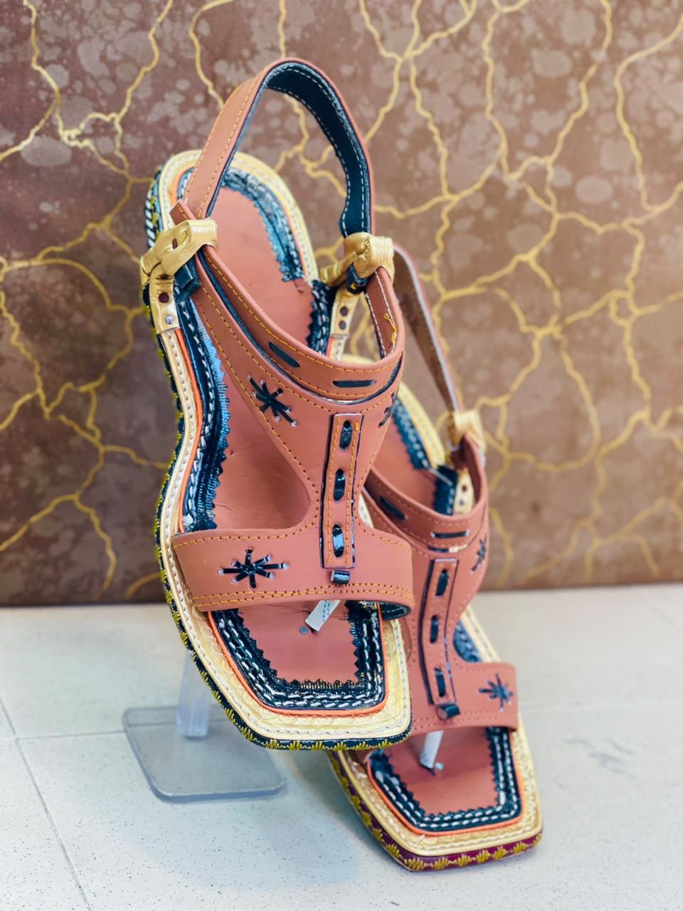 Premium Peach Gold Zari Lawa Chappal – Handcrafted Ethnic Kheri