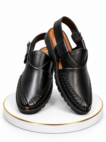 Premium Black Handwoven Peshawari Chappal