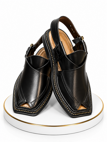 Premium Black Leather Peshawari Chappal