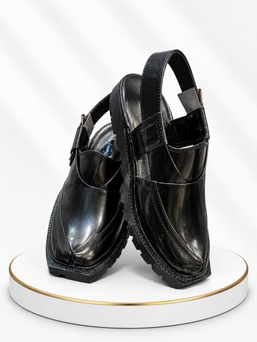 Premium Black Gloss Leather Peshawari Chappal