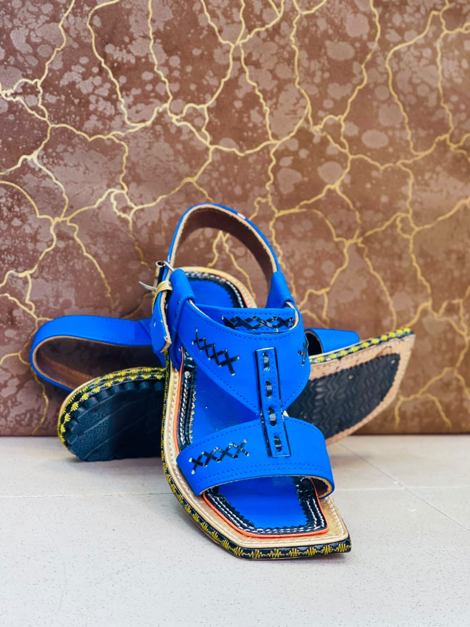 Premium Royal Blue Khooti Chappal – Handcrafted Leather Kheri with Cross-Stitch Design